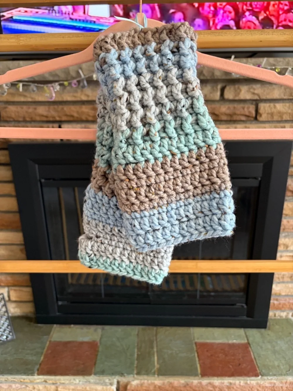 Handcrafted Chunky Crochet Fingerless gloves in Blue, Tan & Mint